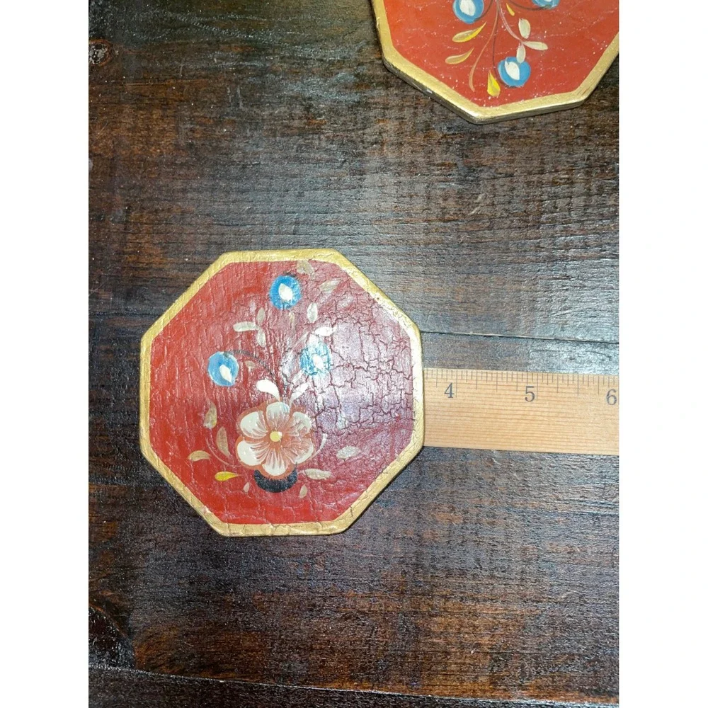 Set of‎ 6 Vintage Octagon Coasters Floral Hand wood Painted Red & Gold Decor